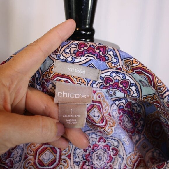Chico's Top 100% Linen Button Down No Iron Blouse Print Size 1 8/10 - Picture 4 of 4